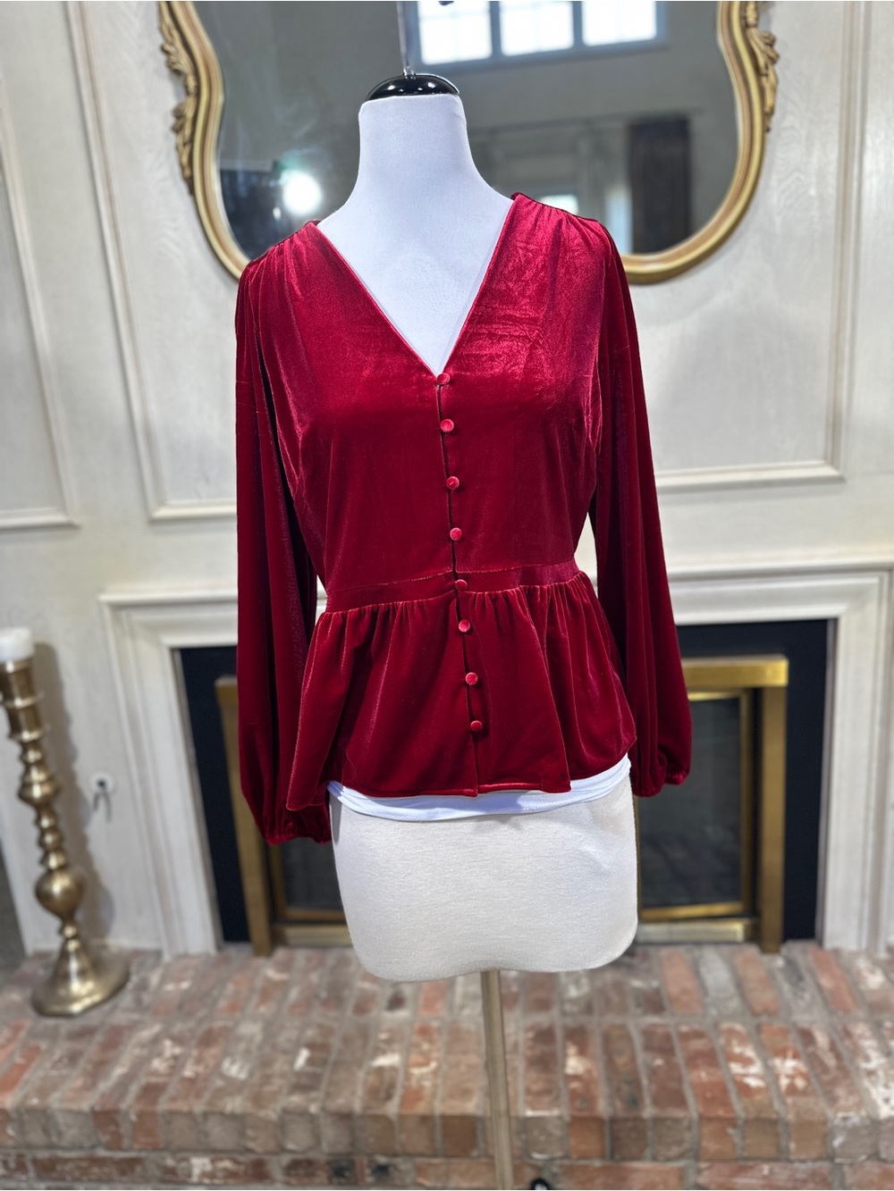 Old Navy Blouse L Red Velvet Peplum Button Front Romantic Whimsigoth Holiday
